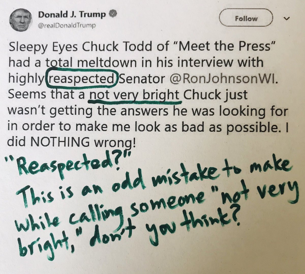 TrumpNeedsTutor's tweet image. “Let he who is without sin throw the first stone.” @realDonaldTrump, you know that one from the Bible, right? (Since it’s your favorite book and all.) #MeetThePress @chucktodd #reaspected #notverybright
