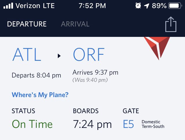 Diamondjack2020's tweet photo. @Delta It’s 7:53pm, the Atl to Orf still hasn’t stated boarding. Passengers depend on an accurate departure time.  Why does Delta still show boarding at 7:24 and departure at 8:04? https://t.co/KyI10BGCP9