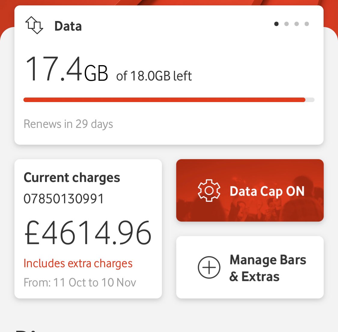 cskaaning's tweet photo. @VodafoneUK According to this I’ve spent almost 5k on data, with my data cap on and with roaming free, oh and also more than 17gb data left in my monthly allowance?? https://t.co/SZLjYTe1il
