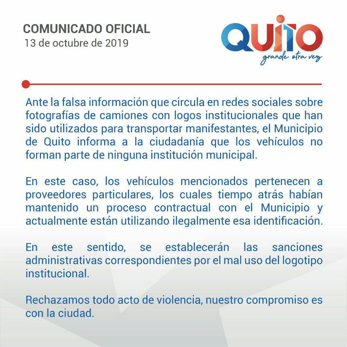EcuadorChequea's tweet photo. #PILAS @agentesdequito aseguró que los vehículos con el logo del @MunicipioQuito, que aparecen en distintos vídeos transportando manifestantes, no pertenecen a la institución. La dependencia advirtió que iniciarán acciones legales por mal uso de su imagen institucional...… https://t.co/sRoTNRqxc9