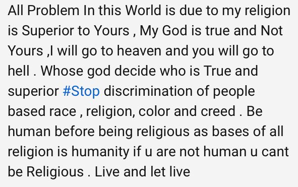 Unicorn50149532's tweet image. #StopReligiousDiscrimination#StopReligiousGenocide#StopFeelingOfStuperiorityOrInferiorityBased On -#Race #Religion #Colour #Creed#BeHuman#BeRightiousBeforeBeingReligious.