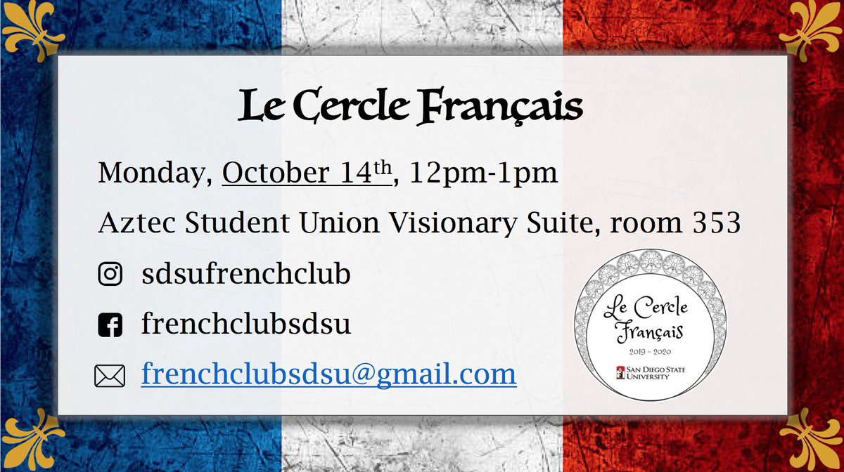 SDSUFrenchClub's tweet photo. Coucou mes Francophiles!

I hope that last week's scholarship essay writing presentation helped and that everyone was able to get their essays in before this most recent cycles deadline.

Tomorrow's meeting is business as usual!

À demain! https://t.co/FE1fVlAKUr