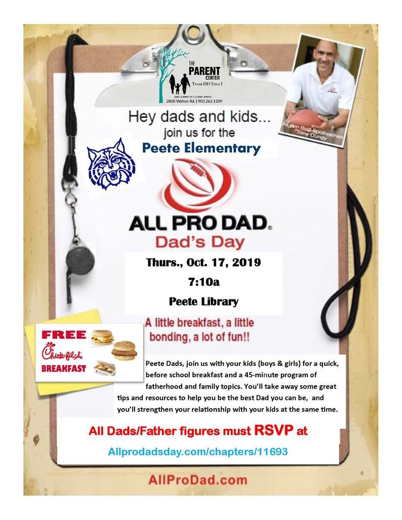 Calling All <a href="/peetetylerisd/">Peete Elementary</a> Dads! Join us for All Pro Dad's Breakfast on October 17th! Hope to see you there! 
RSVP at ow.ly/En5I50wK6py