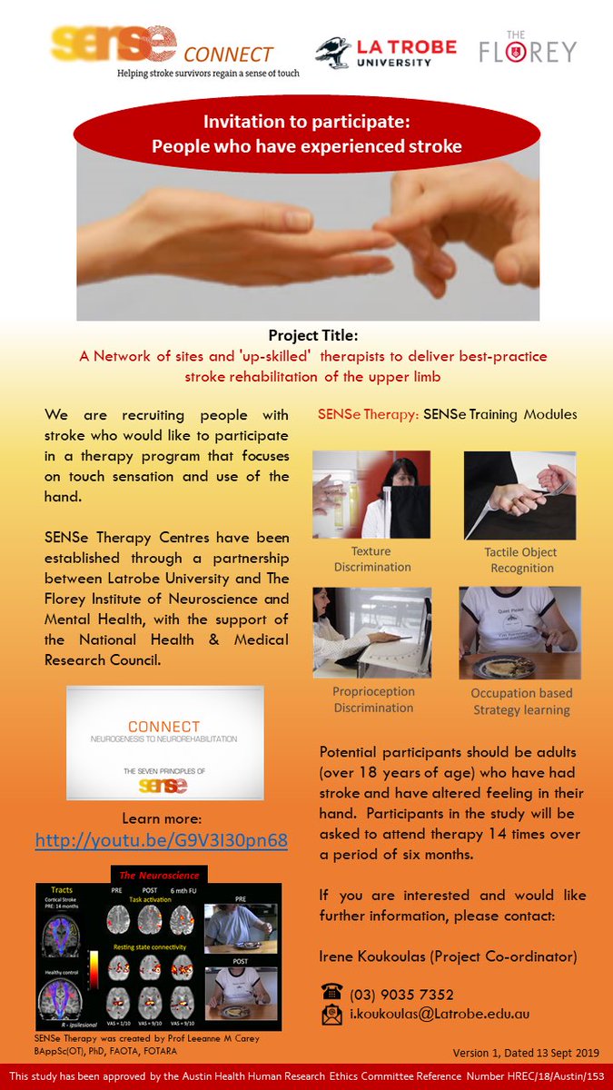NeuroRehabSci's tweet photo. We are now recruiting #stroke survivors to attend our #SENSeTherapy Centres at 4 locations around AUS. Participate in #SENSeCONNECT & attend an #evidencebased #rehab program shown to improve #touch #sensation & #hand #function 🙌 Led by @LeeanneMCarey. @FloreyStroke @strokeCRE https://t.co/gZBvHGrYDZ