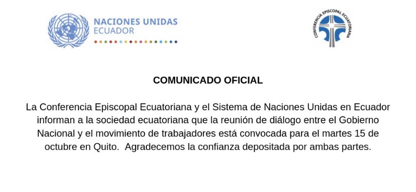 Reunión de diálogo entre Gobierno y movimiento de trabajadores convocada para este martes 15 de Octubre en Quito