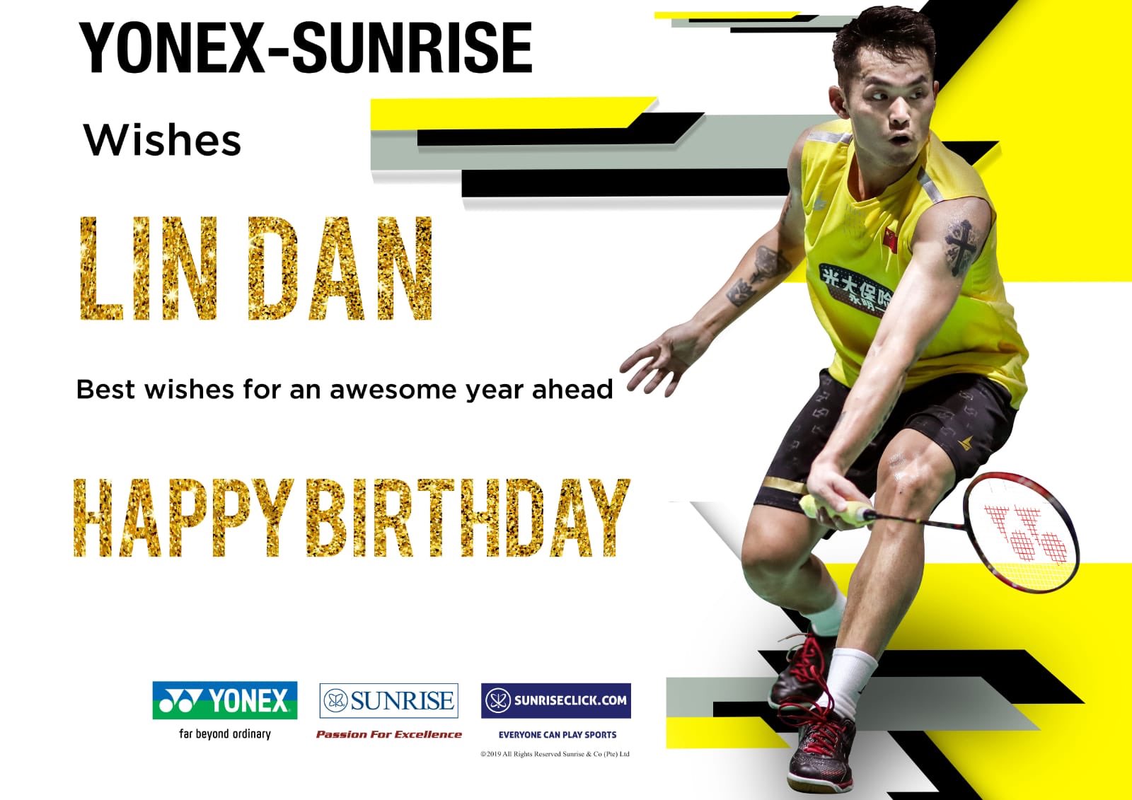  wishes superstar Lin Dan a very happy birthday with greetings for a successful year ahead! 