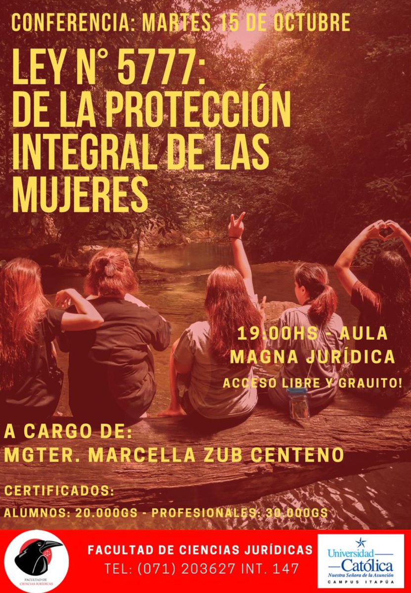 Están todos invitados a la Conferencia a cargo de la Mgtr. Marcella Zub Centeno sobre la Ley N° 5777: "De la Protección Integral de las Mujeres" 
Los esperamos!