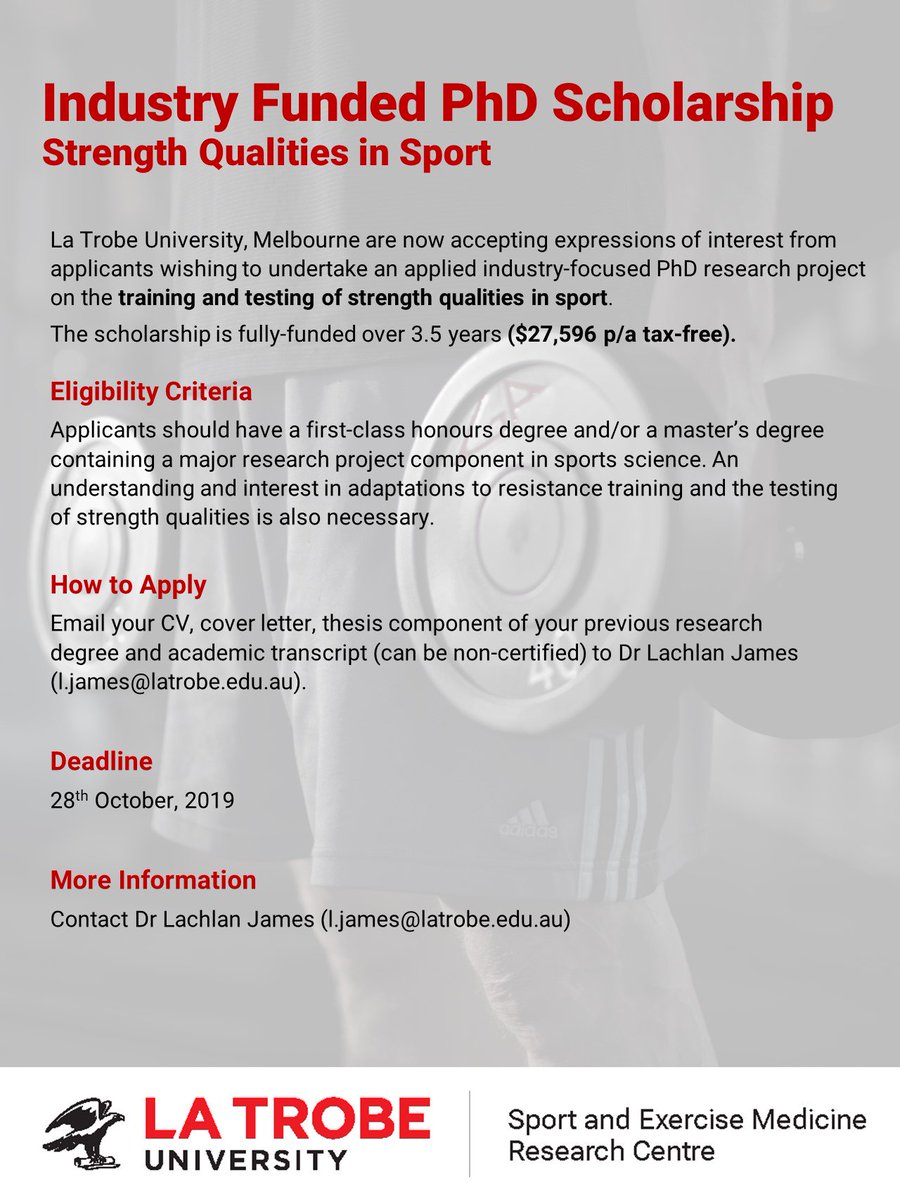Fully funded PhD scholarship available <a href="/latrobe/">La Trobe University</a>. This industry focused project will explore the training and testing of strength qualities in sport. Two-week deadline!