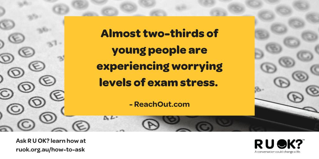 Research has revealed about two-thirds of young people are experiencing worrying levels of exam stress. If you know someone completing exams, reach out and remind them that you'll be there for them no matter the results. Find tips on managing #examstress au.reachout.com/everyday-issue…