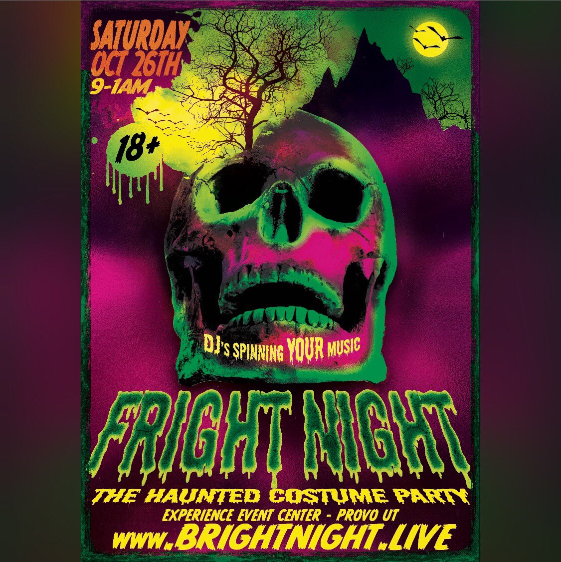 thedixonway's tweet photo. 👻FRIGHT NIGHT 👻
#FrightNightProvo 
18+ HALLOWEEN COSTUME PARTY 
Saturday, October 26th 🎉
$500 Costume Contest 
Cash Drop 
$10 w/ College ID .......YOU PICK THE NEXT SONG
Discount tickets: https://t.co/59wDtEJVBY https://t.co/duNiQpbDp7