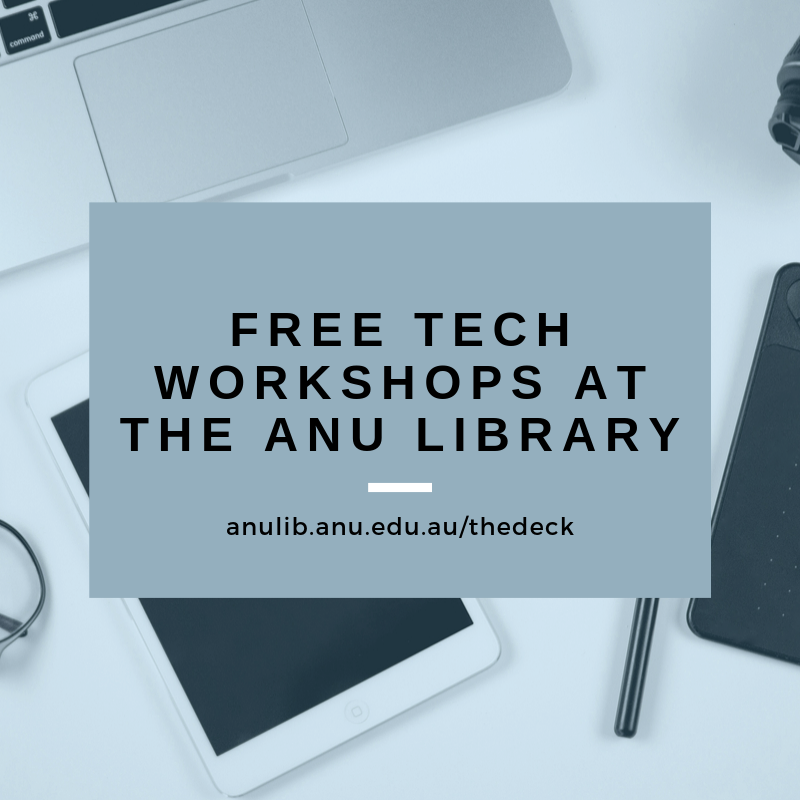 ANULibrary's tweet image. The ANU Library is running a series of free tech classes on topics such as managing your #digitalfootprint, #textanddatamining, #videoconferencing, creating #multimediaebooks, using mobile devices in learning environments and more!

Find out more at anulib.anu.edu.au/thedeck