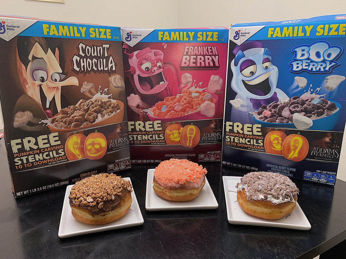 Monday (10-14) and Tuesday (10-15) you can grab a “Count Chocula” chocolate filled donut 🍫

Wednesday (10-16) and Thursday (10-17) you can try a “Franken Berry” strawberry filled donut 🍓

Friday (10-18) through Sunday (10-20) you can snag a “Boo Berry” blueberry filled donut 👻