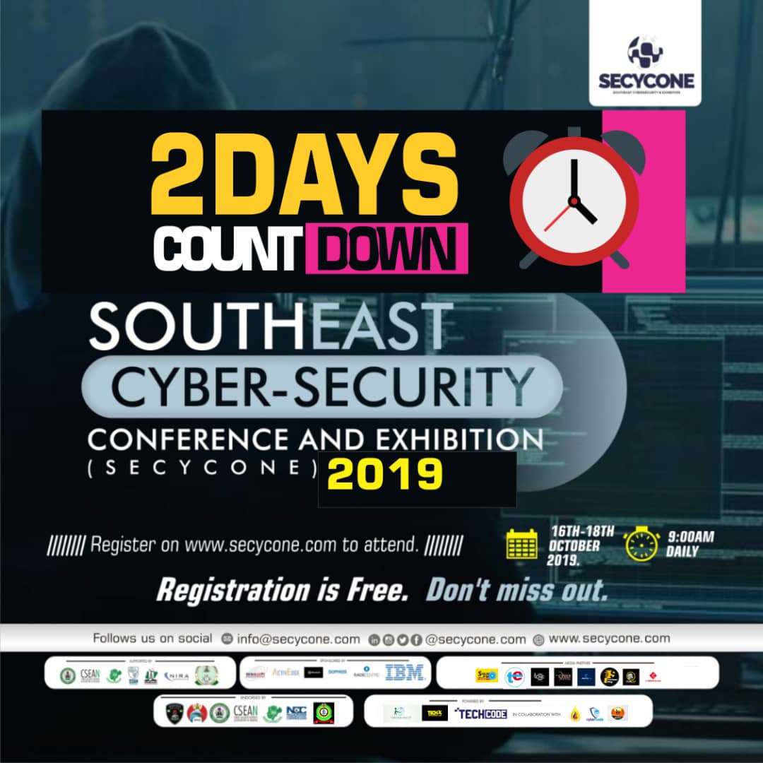 secycone's tweet photo. Southeast Nigeria, Are you ready. Southeast cybersecurity conference and exhibition 2019 is here. Don't miss out, To Register 👉 https://t.co/3QdpX5nHCv. Registration is free. Location is Enugu. Date. 16th-18th October 2019. #Secycone2019
#Becybersmart
#Thinkbeforeyouclick. https://t.co/n9XkhdidAO