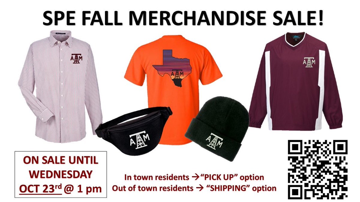 TAMU SPE Merchandise is finally here! 

Don’t wait! Place your order now before the link closes on Wednesday, October 23rd at 1 pm! 
LINK :
tamuspefall2019.itemorder.com/sale