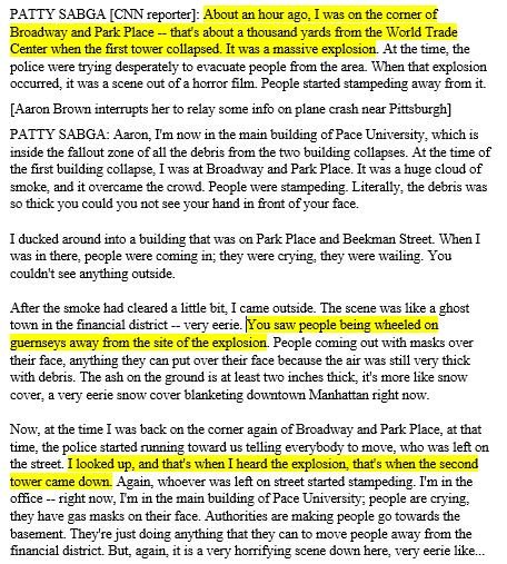 CNN reporter Patty Sagba @ 1057 ET tells Aaron Brown she was 1000 yards away when WTC2 "collapsed" "It was a MASSIVE EXPLOSION." A half hour later "I looked up, and that's when I heard the EXPLOSION, that's when the second tower [WTC1] came down."54/