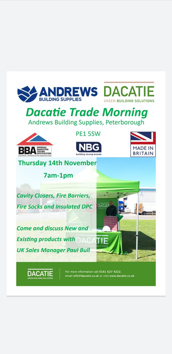 PaulBullDacatie's tweet photo. I will be at Andrew's Building Supplies Peterborough PE1 5SW on Thursday 14th November 7am - 1pm.
If you are a Dacatie user or would like any information on our products please stop by for a chat.
#cavitybarriers #cavityclosers #firebarriers #dacatie #qpsl https://t.co/maMq4lPOeC