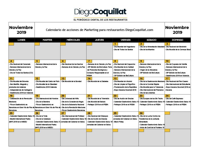 diegocoquillat's tweet photo. 🗓️ El calendario especial de noviembre de acciones de marketing para restaurantes. ¡Ya disponible! ➡️ https://t.co/xCqaHKeyPs #calendario #accionesdemarketing #restauratnes #ClubDiegoCoquillat https://t.co/asOFQ9TX70