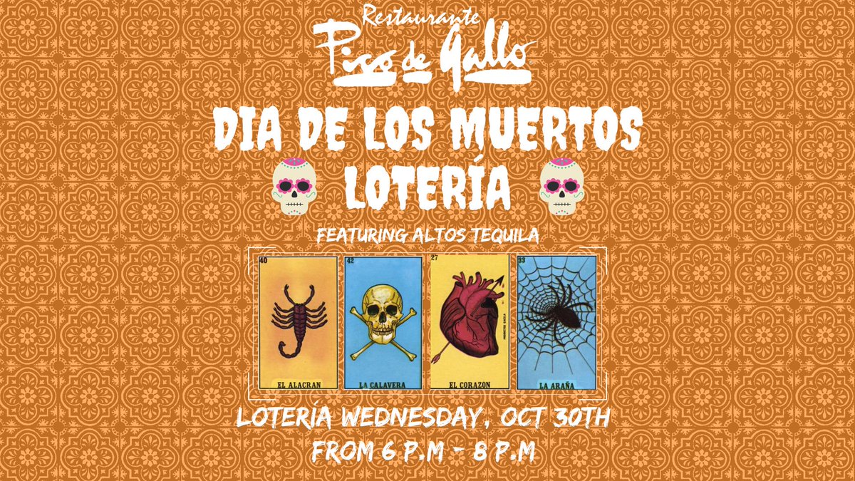 Join us at Pico de Gallo for a night of Lotería fun featuring Altos Tequila!  
Our featured Altos Tequila cocktail is Cempazchitl, we will also have prizes to win as we celebrate Dia De Los Muertos. See you Wednesday, October 30th at 6:00 pm!