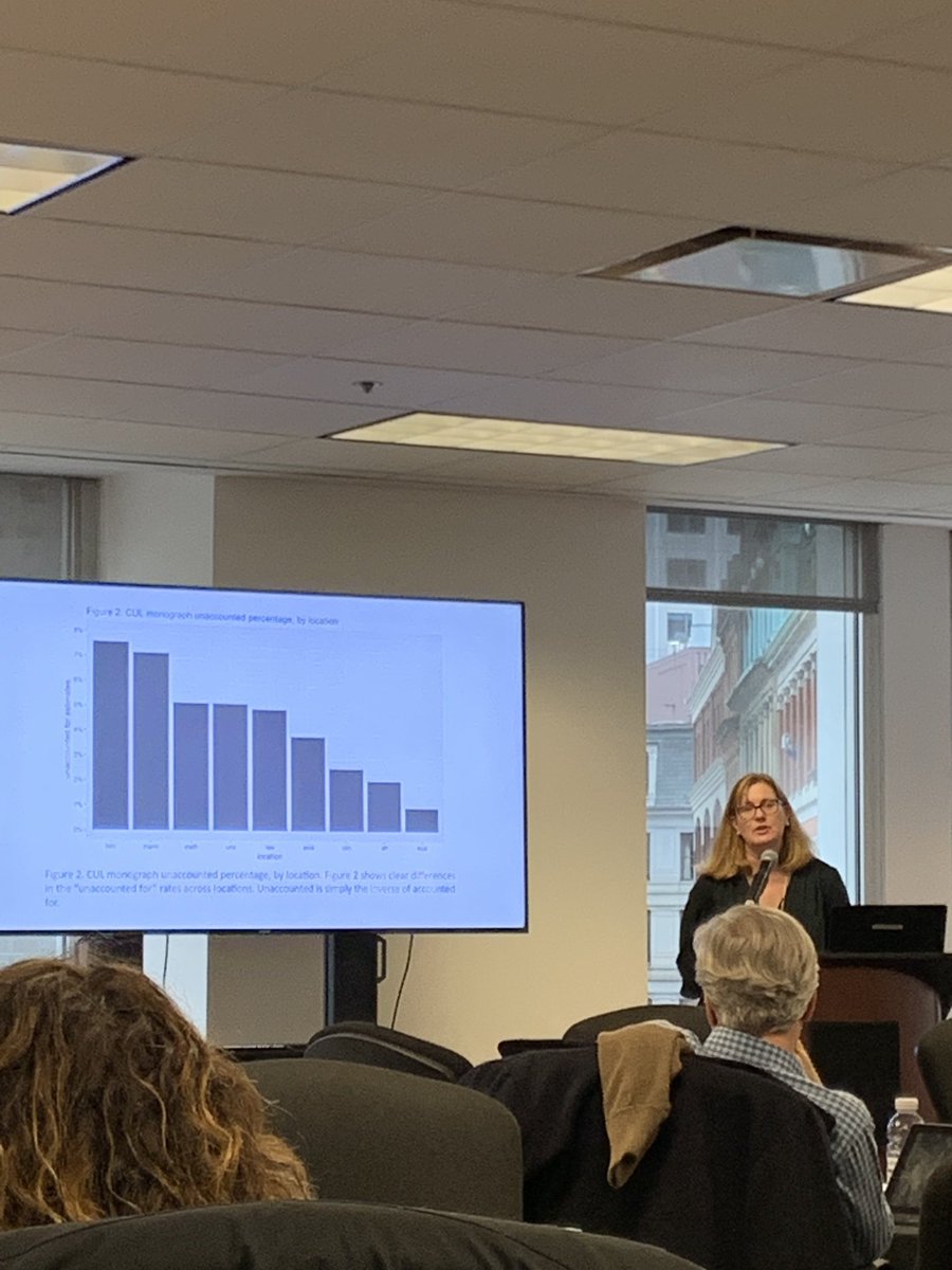 EASTlibraries's tweet photo. Wendy Wilcox (@Cornell_Library) discussing the work she and colleague Adam Chandler did on validating print titles in their stacks at the EAST Member Meeting. They used the EAST validation sample study as a starting point for their own work. https://t.co/7hGv9hc28l
