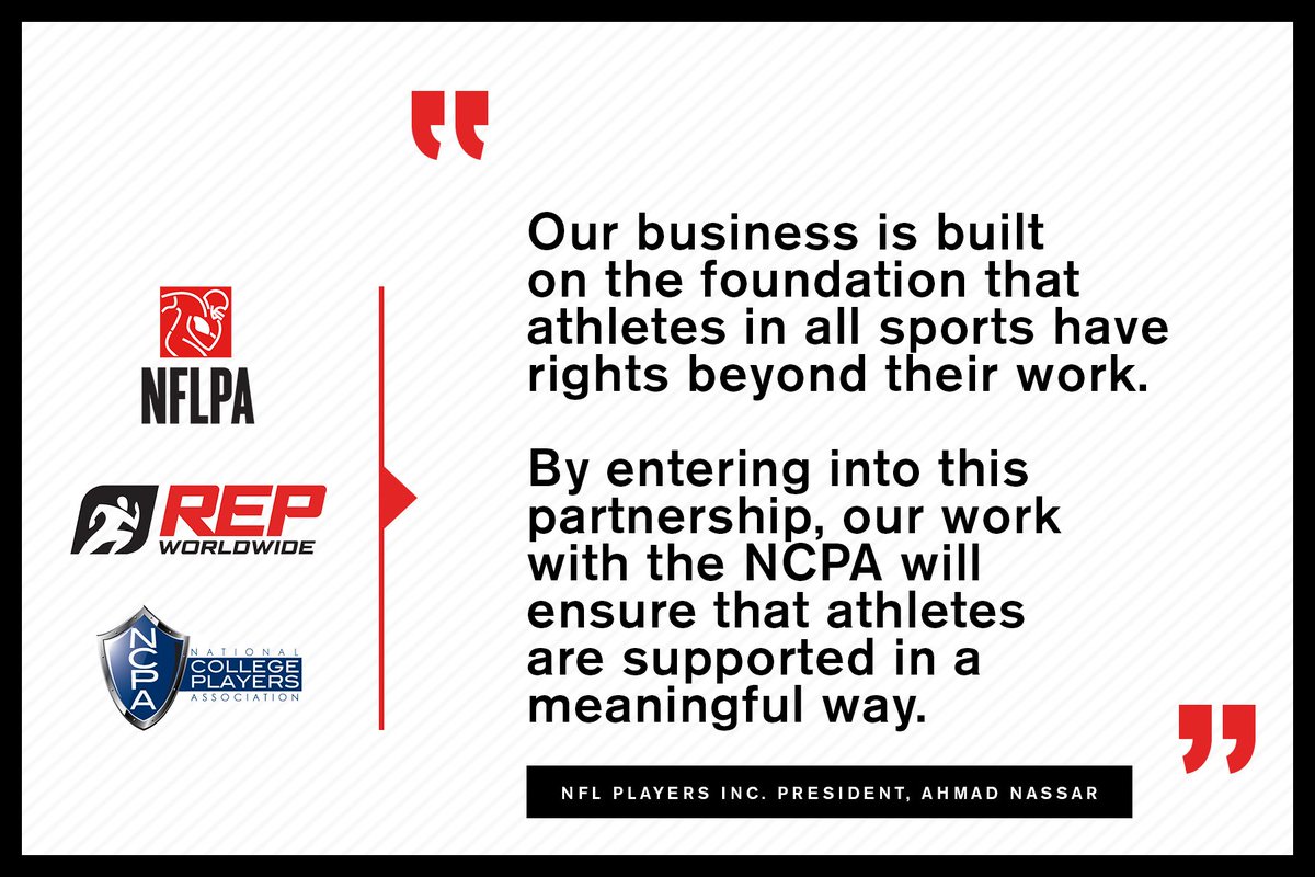NFLPA's tweet image. Breaking new ground. 
We are pleased to announce a partnership with @NCPANOW and our licensing subsidiary, @RepEveryPlayer, to explore how college athletes from all sports can finally receive fair compensation for their name, image and likeness.
