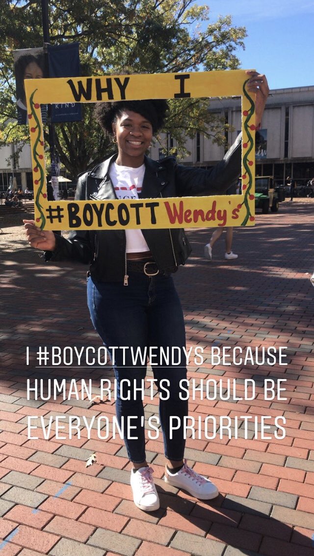 sfalliance's tweet photo. Right now: students at @UNC are on campus explaining why they #BoycottWendys and spreading the word about the #BootTheBraids campaign to get @Wendys kicked off campus until they join the @FairFoodProgram! https://t.co/3Qsj1AVjeS