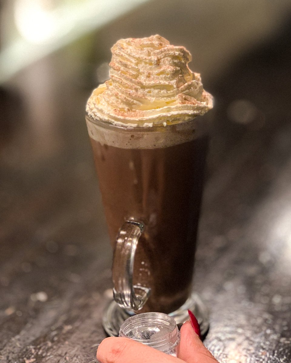 - Indulgent Hot Chocolate - Steaming hot, hot chocolate with whipped cream, cocoa &amp; edible glitter. Add a shot of whiskey or coffee liquor for an extra kick! Available all day and night from the bar. #WeAreEden #EdenFitness #HotChocolate