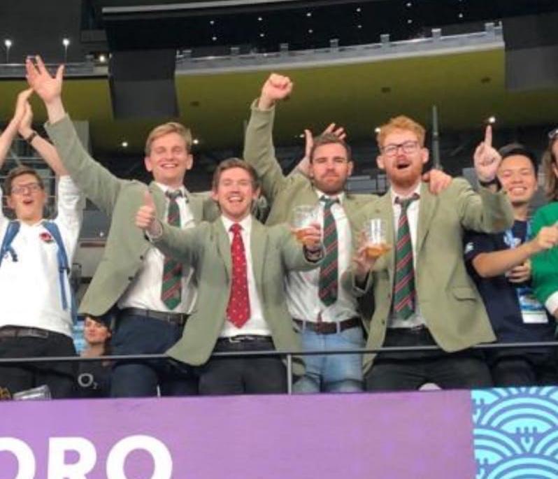Four Old Georgian’s  make it to the England vs New Zealand Rugby World Cup semi final in Japan..... complete with tweed blazers 😀 big thanks to Majo Itoje for taking the photo!!! 🏈🏈🏈. #englandrugby