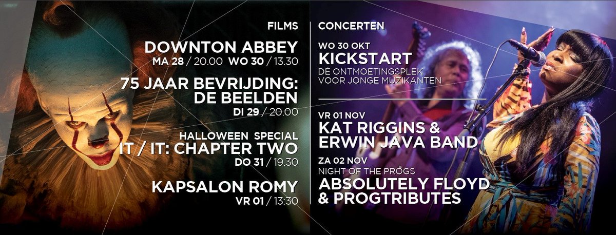 deze week @PodiumtBeest

#Kickstart Wednesday 30 October  tbeest.nl/kickstart

 #ErwinJava & @KatRiggins Friday 01 November
tbeest.nl/programma/kat-…

#NightoftheProgs Saturday 02 November  tbeest.nl/night-of-the-p…

En films tbeest.nl/film