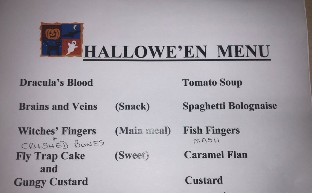 Gourockpr's tweet image. Look at our spooky menu for this Thursday! Thank u Jill! What will we choose? 👻🧛🏻‍♂️🎃🕷🧟‍♂️💀#halloweenmenu #spookylunch