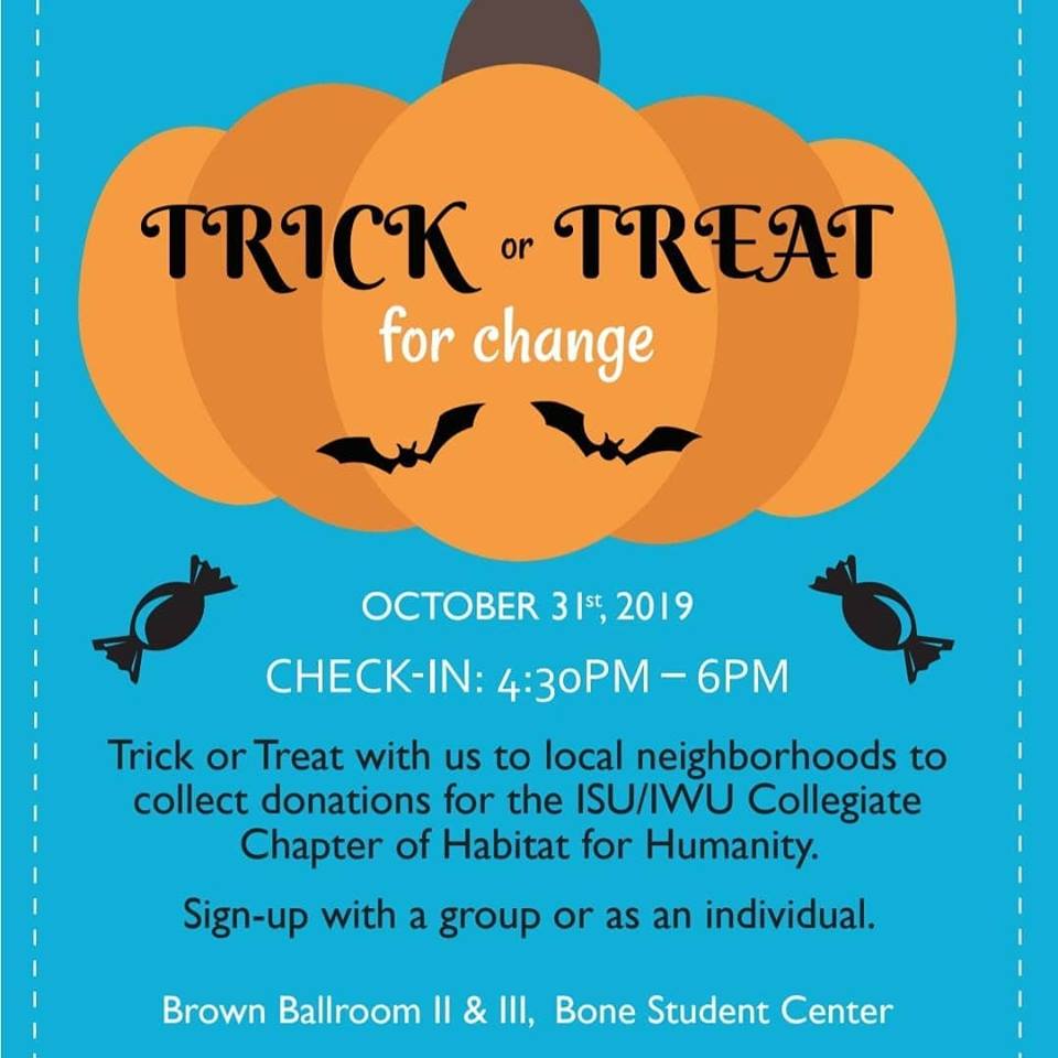 Trick or Treat for change is this Thursday. Join @ilstucommengage and <a href="/habitatforisu/">Habitat for Humanity</a> in collecting donations for the ISU/IWU Collegiate Chapter of Habitat for Humanity! Click the link below to register! ⬇️
forms.illinoisstate.edu/forms/tot19?fb…