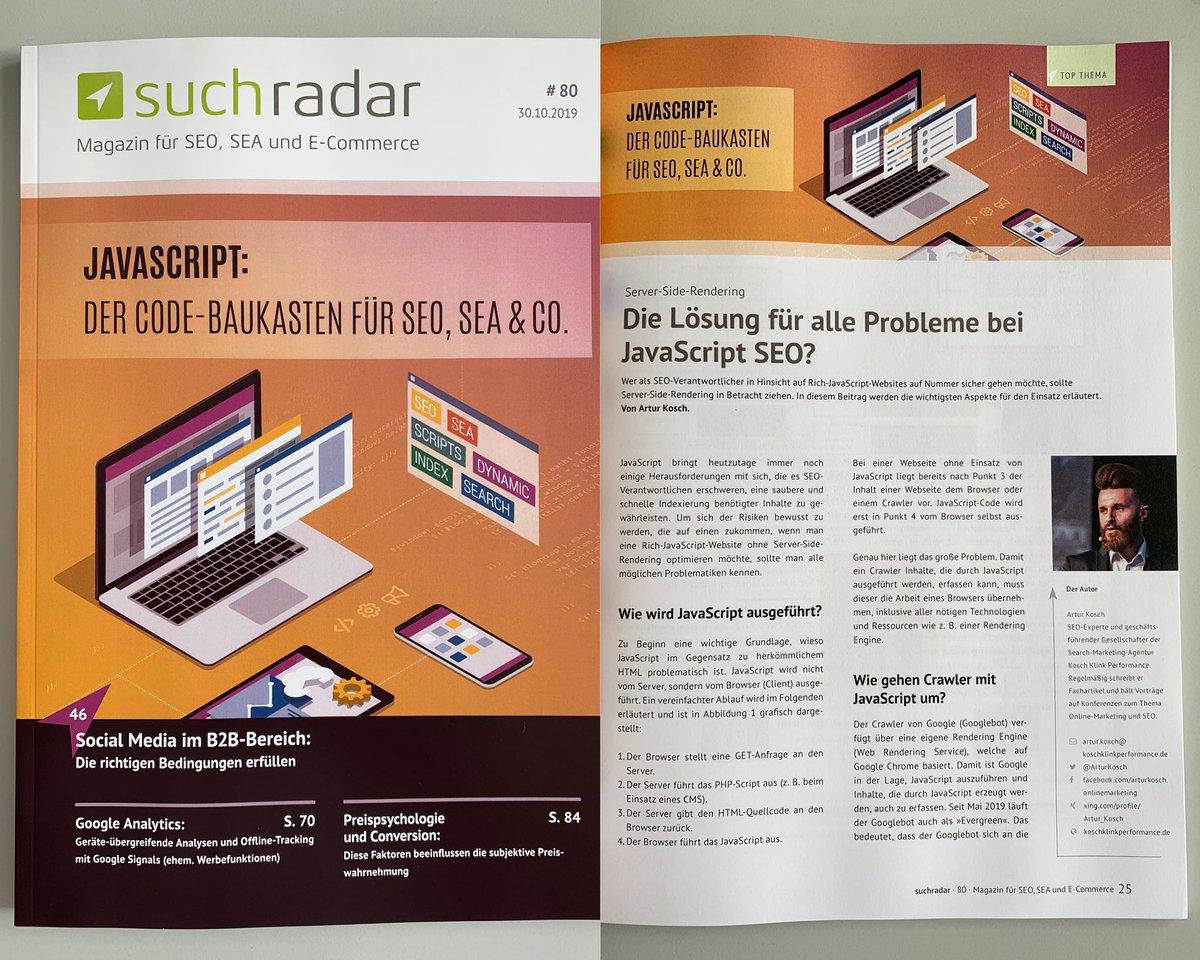 koschklink's tweet photo. Die neuste Ausgabe des @suchradar steht in den Startlöchern. In der Ausgabe #80 findet ihr den Fachbeitrag von unserem @ArturKosch: "Server-Side-Rendering: Die Lösung für alle JavaScript SEO Probleme?"

Viel Spaß beim Lesen: https://t.co/IQSwtOwakI

#JavaScriptSEO #Suchradar https://t.co/aDRDSAlD2Q