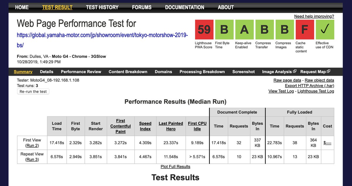 web page test result screen shot