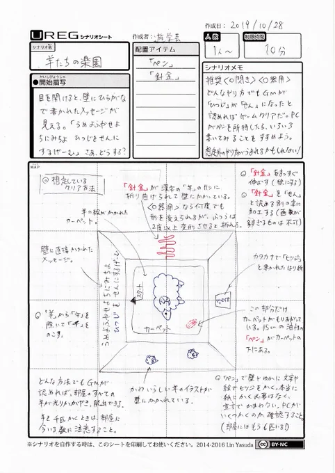 【#1日1アレグ 5日目 】  目を開けると、壁にひらがなで書かれたメッセージが見える。「うめよふやせよちにみちよ ひつじをせんにするげーむ」さあ、どうする?  【#脱出ゲーム】  #ゲムマ2019秋 #ゲムマ #ゲームマーケット #UREG #装いの魔王城 #TRPG