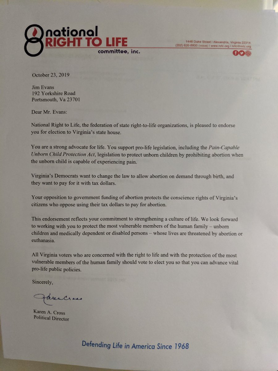 JDelegates's tweet photo. Jim Evans, Republican Candidate for the 80th District Virginia House of Delegates, has received the endorsement of The National Right to life Committee, the Federation of state right to life organizations, including The Virginia Society for Human Life. https://t.co/fojxO4iEYE