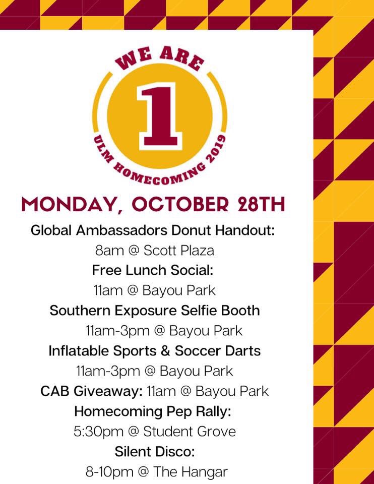 Good Morning Warhawks! Here’s what’s in store for today to kickoff homecoming week! #WeAreOne #hawkyeah #hoco2019 <a href="/ULM_Official/">University of Louisiana Monroe</a>