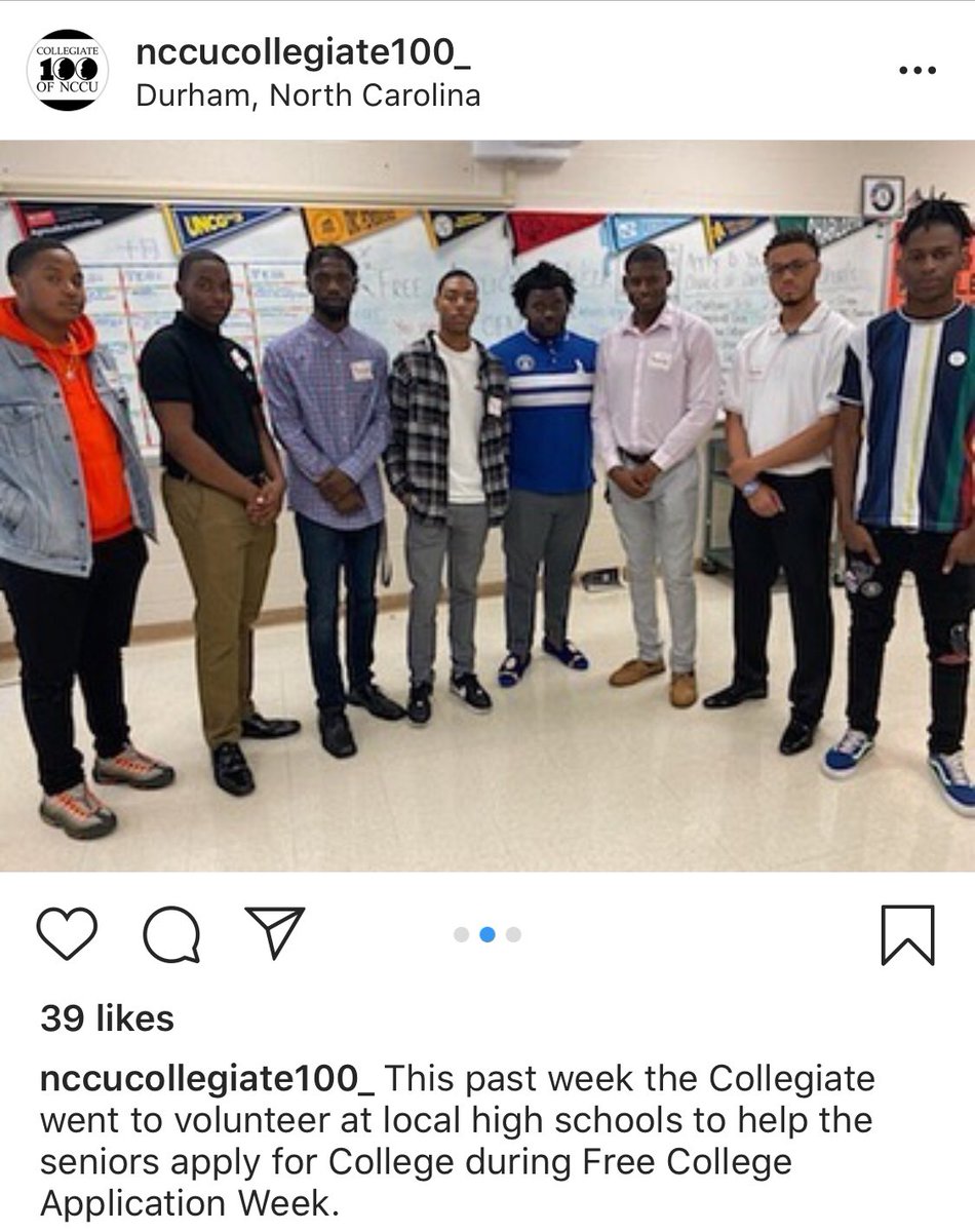 100BMTE's tweet photo. Also last week, the NCCU Collegiate 100 went out to local high schools in the Durham area to help high school seniors fill out college applications. Many NC colleges and universities waived application fees last week #collegiate100 #100blackmen #triangleeast #nccu #durham #nc https://t.co/cnqg5wdBs9