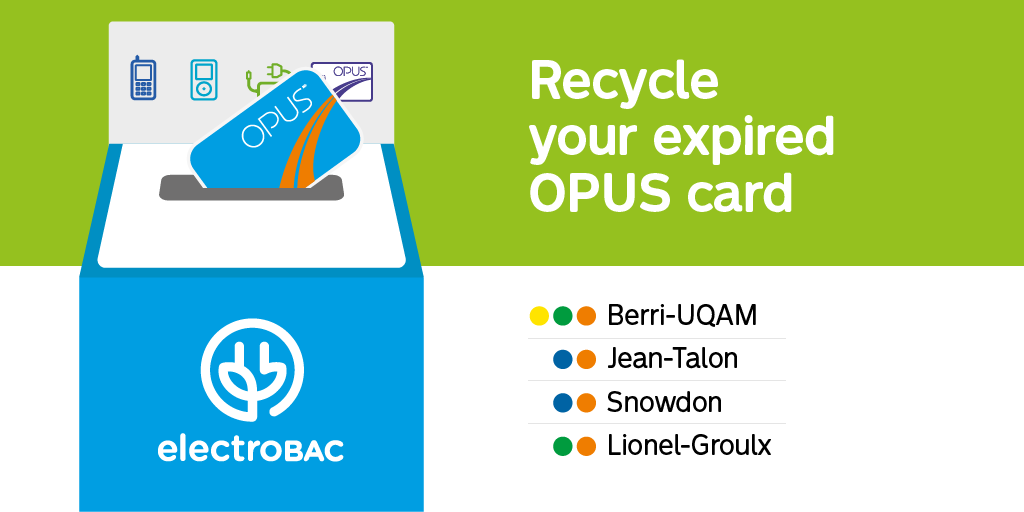 [Network info] ✅🚇♻️ You want to do your part for our planet? Drop your expired OPUS card in one of the <a href="/Electrobac/">Electrobac</a> at our participating métro stations. The plastic and metal components will be reclaimed and reused. ⏩ ow.ly/z2aZ50wOygK
