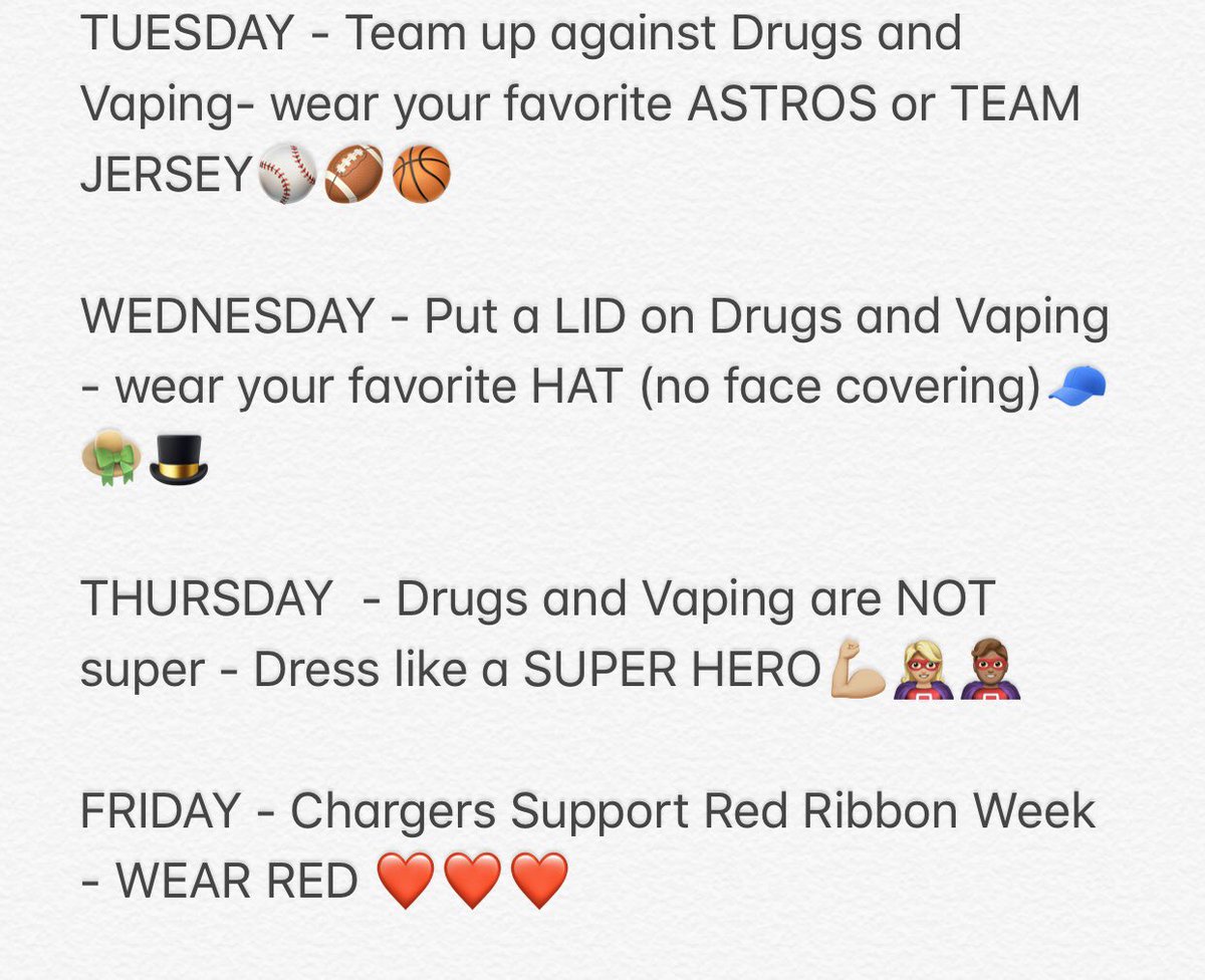 IT’S RED RIBBON WEEK CHARGERS! Show you say NO to Drugs by dressing up for these fun dress up days! ❤️❤️❤️