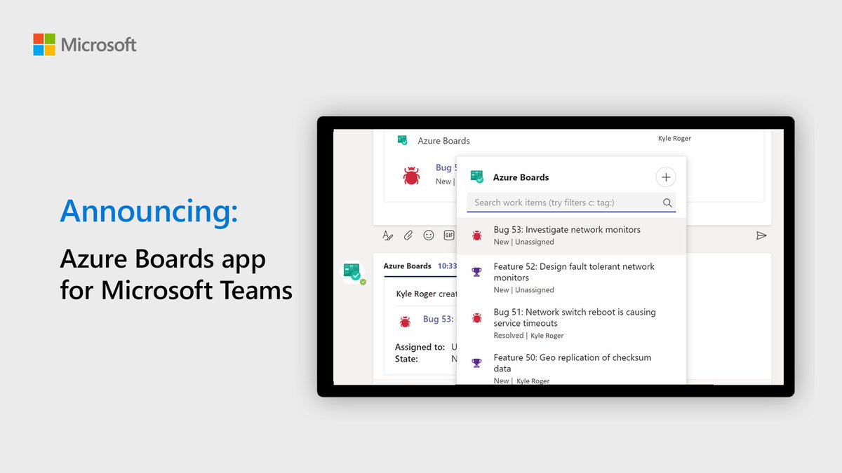 AzureDevOps's tweet photo. Bring your work in Azure Boards closer to the team - create new work items, set up and manage subscriptions, search and share work items with other members, and so much more... 

Announcing the Azure Boards app for Microsoft Teams. Learn more: https://t.co/UFgiIET49W https://t.co/E1SNmO88P3