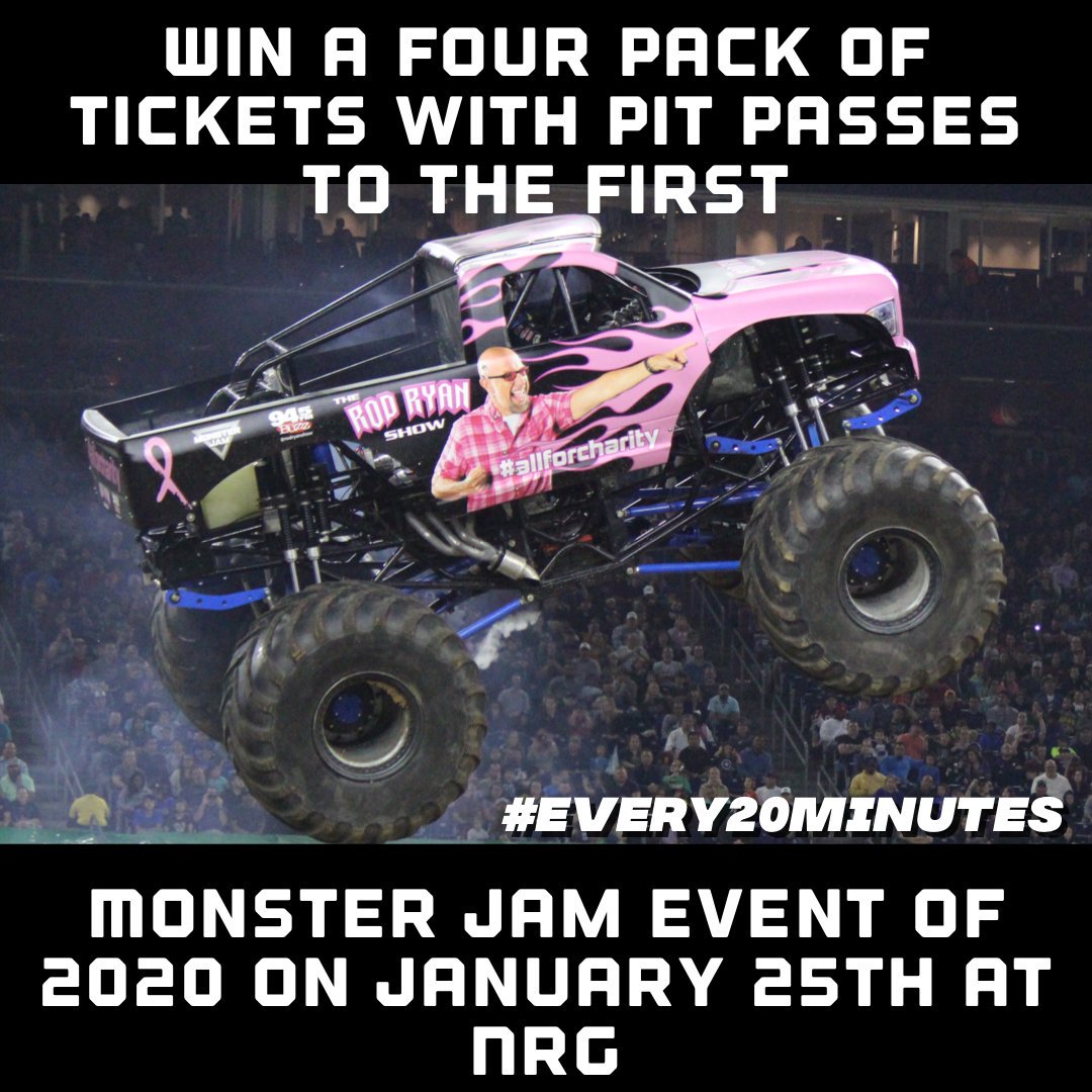 rodryanshow's tweet photo. Here is you chance to win the third Four pack of tickets with pit passes to the first @MonsterJam event of 2020 on January 25th at NRG Stadium. for you chance to win retweet this post using #MonsterJam and #every20minutes https://t.co/XTB2HjIUj0