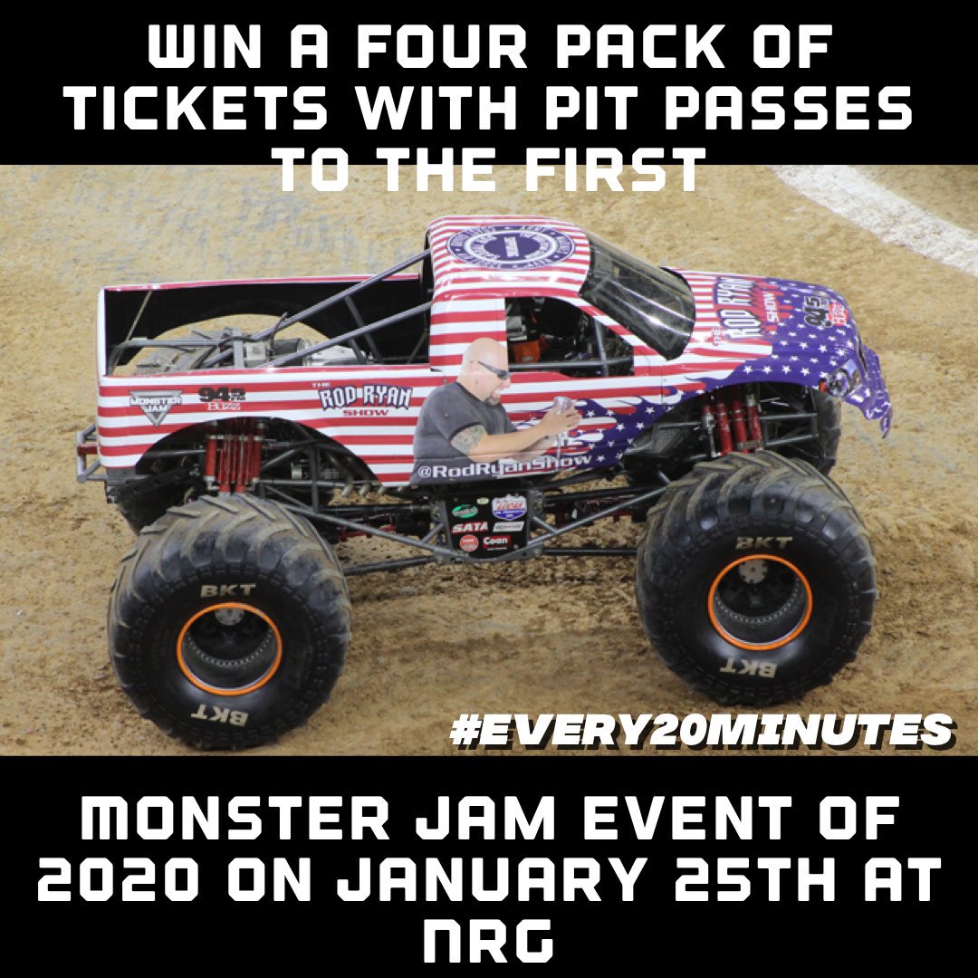 rodryanshow's tweet photo. Here is you chance to win the fourth Four pack of tickets with pit passes to the first @MonsterJam event of 2020 on January 25th at NRG Stadium. for you chance to win retweet this post using #MonsterJam and #every20minutes https://t.co/GJJjP4pHZn