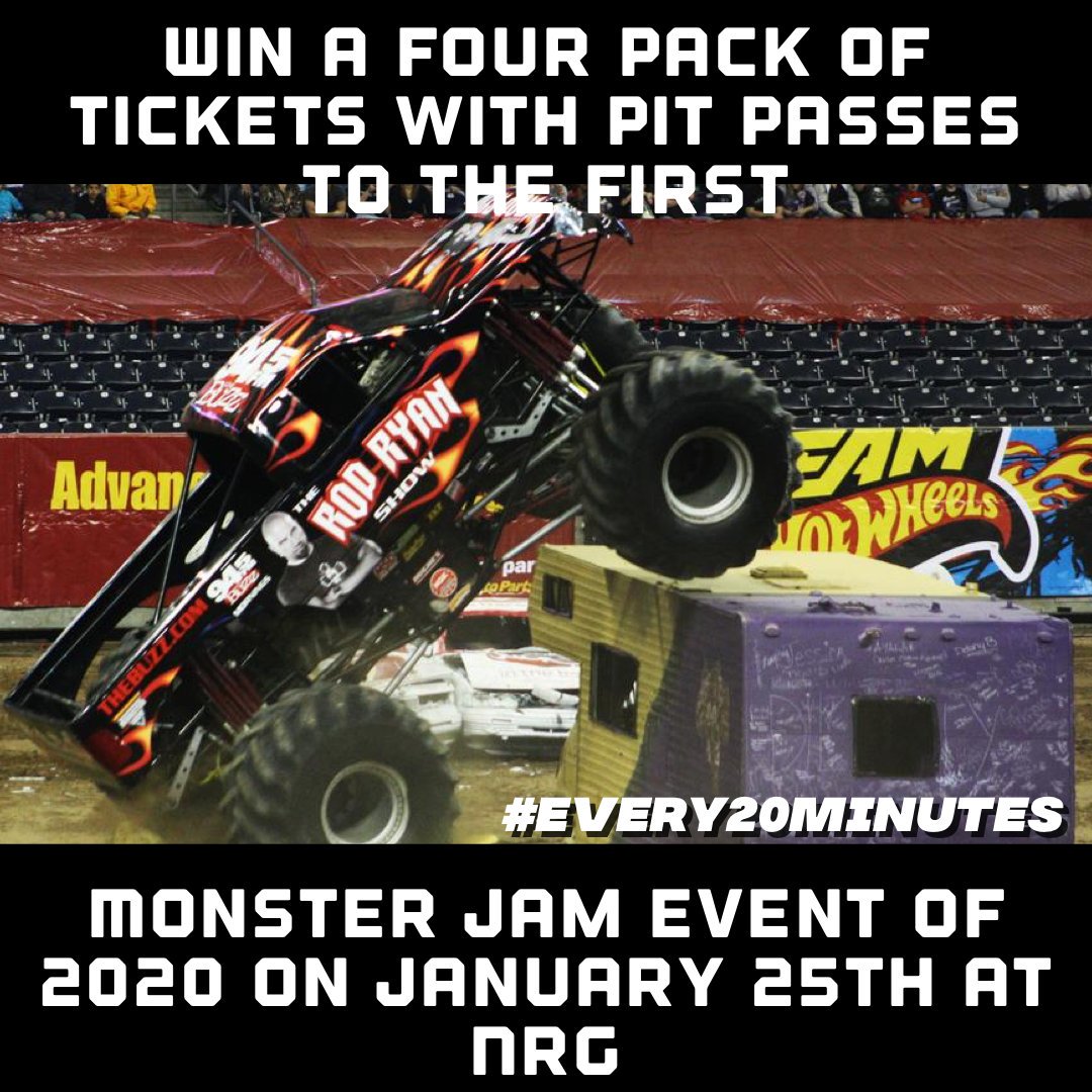 rodryanshow's tweet photo. Here is you chance to win the tenth Four pack of tickets with pit passes to the first @MonsterJam event of 2020 on January 25th at NRG Stadium. for you chance to win retweet this post using #MonsterJam and #every20minutes https://t.co/ztvwglqCUa