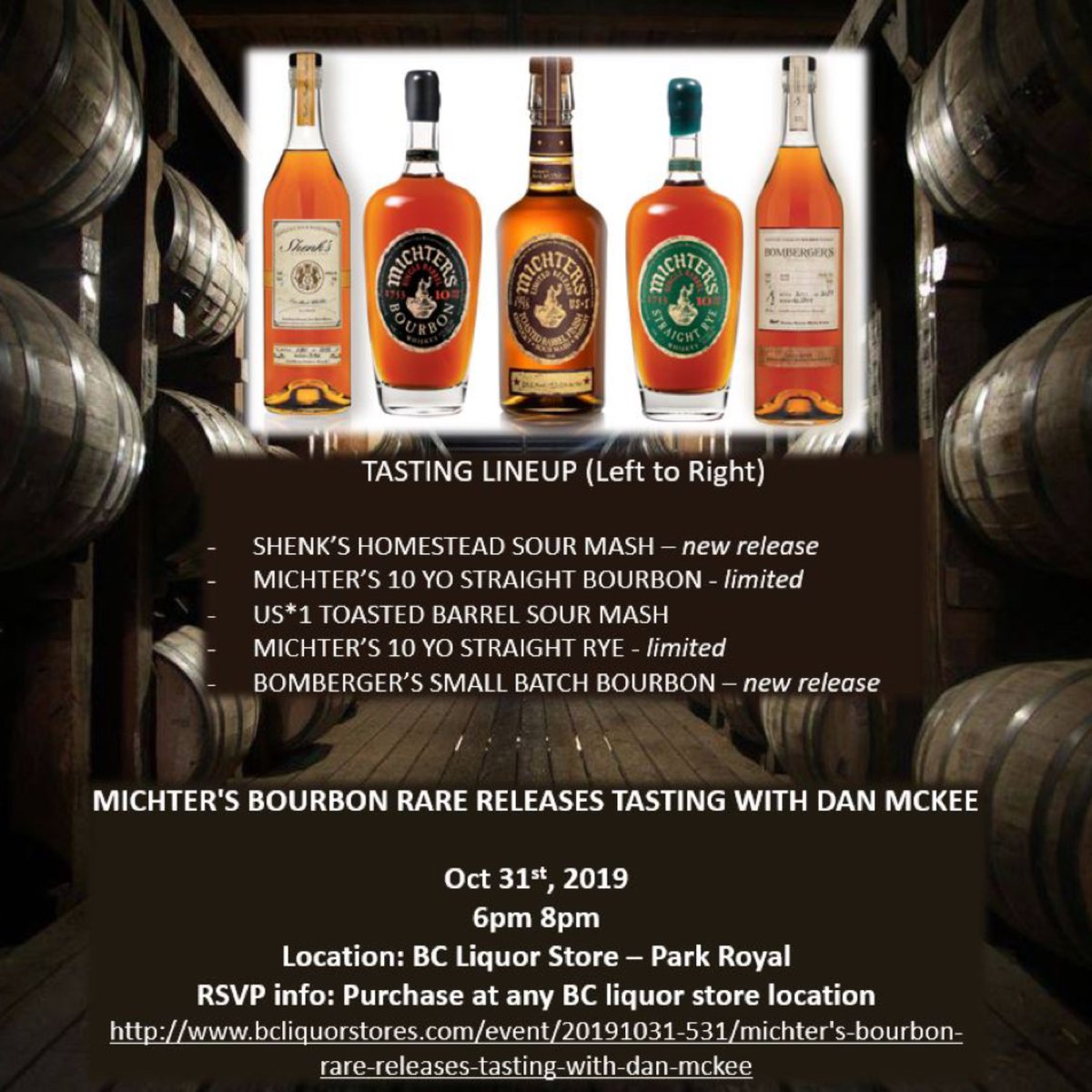 Join Michter's masterclass by Master Distiller Dan Mckee on Oct 31st at BC Liquor Store - Park Royal! <a href="/MichtersWhiskey/">Michter's Distillery</a> 

Tickets($20) available for purchase at any BC liquor store location or more info on
ow.ly/VoKI50wUizu

#Michters #whiskey #yvr #masterclass #bourbon