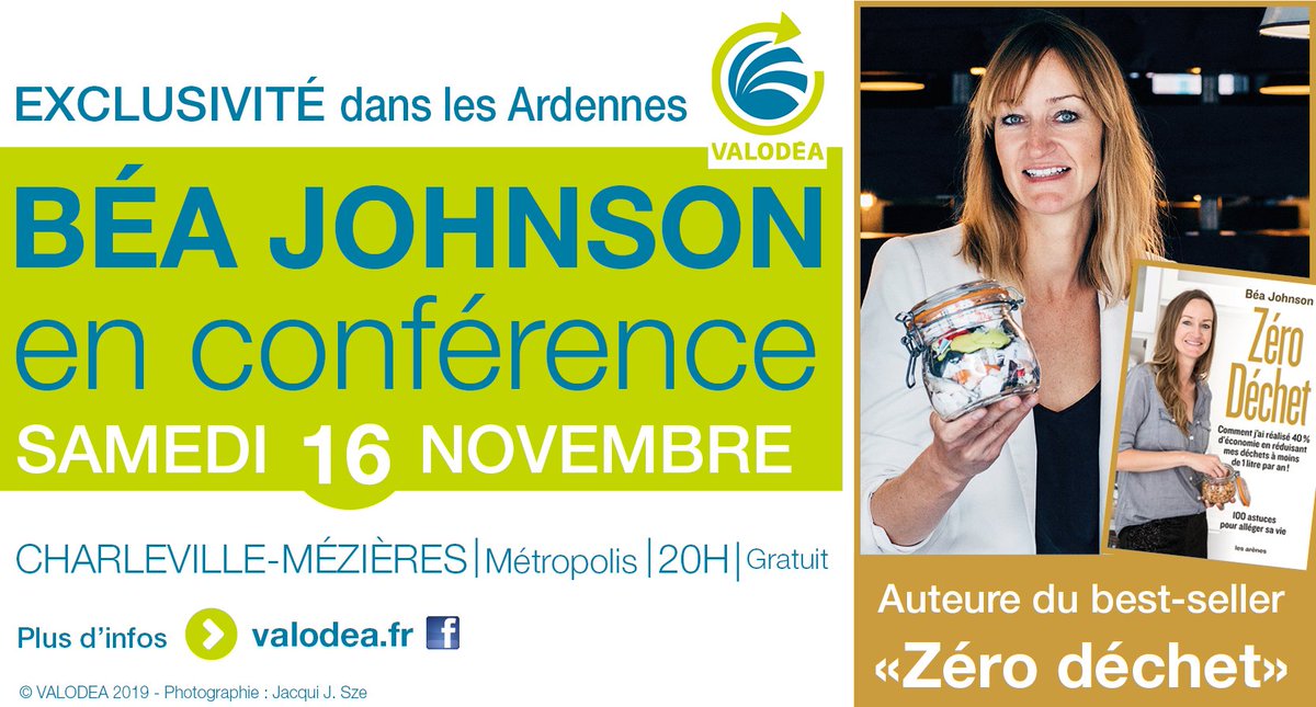 valodea08's tweet photo. TIC TAC J-19 #Exclusivité dans les #Ardennes ! 😃

Béa Johnson en #conférence #gratuite* suivie d'une séance de dédicace.

Entrée libre, sans inscription

📅Samedi 16 nov. - Charleville (Métropolis) - 20H

Auteure du best-seller Zéro déchet 
#zerodechet #beajohnson #0dechet #SERD https://t.co/VlyMRXVLjV