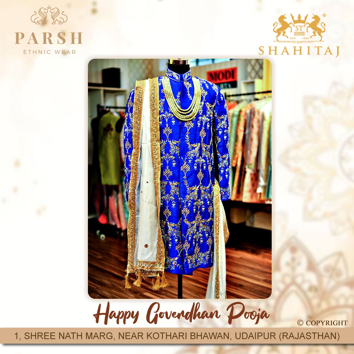 ParshEthnic's tweet photo. Happy Goverdhan Pooja from Shahi Taj family! Grab this extraordinary sherwani set today. Connect on +918764021831 or +917665989351 for business enquiries.
#goverdhanpooja #diwali2019 #shaadi #couture #groomcouture #weddingcouture #parshethnic https://t.co/ZIcmGJ0aOd