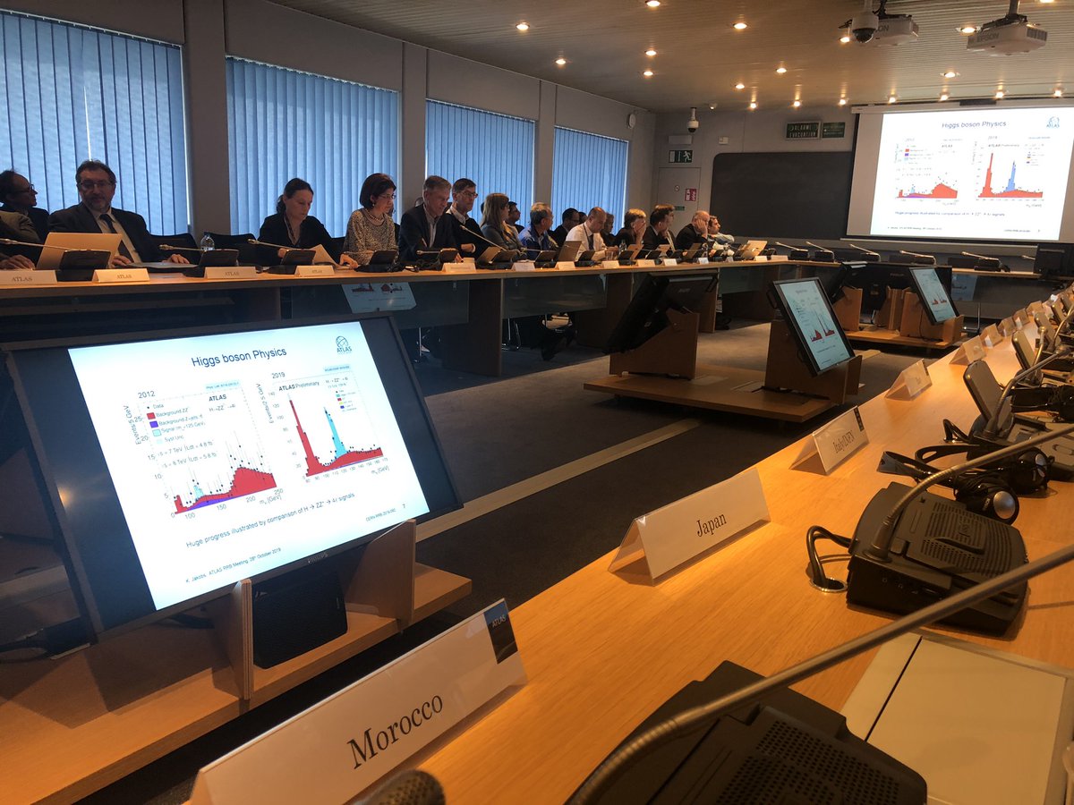 Met collegas uit oa Marokko luisteren we naar recente resultaten van ATLAS bij de Resource Review Board op CERN. Geweldige Higgs piek inmiddels! Nu naar zeldzame vervallen en distributies kijken #noglangnietklaar