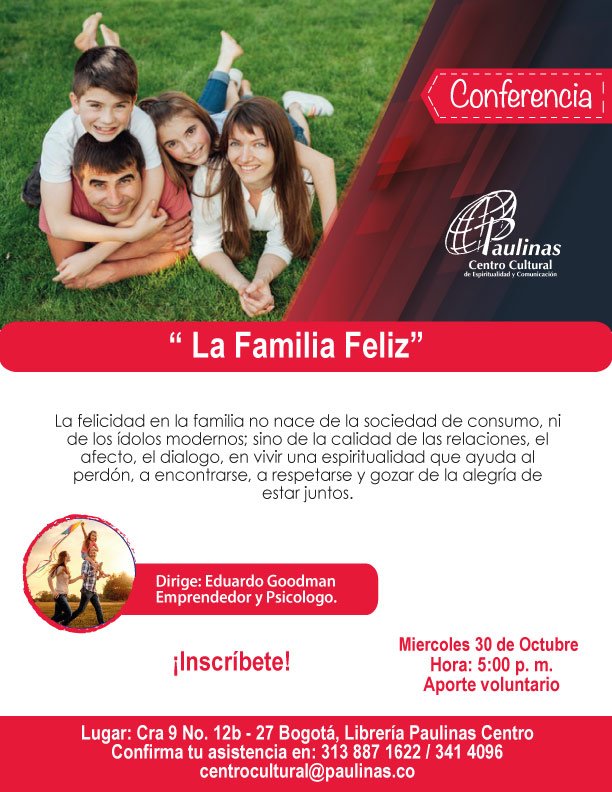 Ven y acompañanos 💁‍♀️ a nuestra Conferencia de Fin de Mes "Familia Feliz👨‍👩‍👧 ". Tendremos como invitado al Psicologo ,🤵Eduardo Goodman, Contamos con tu presencia ! No te la puedes perder.Te esperamos el Miércoles 30 de Octubre a partir el de la 5:00pm, No te lo pierdas !!😉