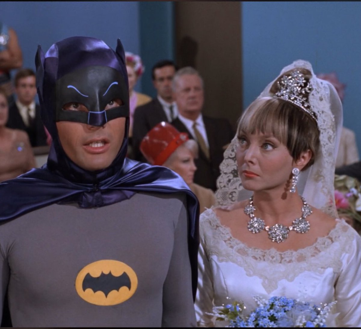 60s_Batman's tweet photo. #BatTrivia: Producer Bill Dozier hated the cliffhanger in S.1, ep.5, (Joker about to unmask Batman). He made a rule: from then on, a life must be in danger. The rule was not broken until S.2, ep.23, (Marsha forcing Batman to marry her)… unless marriage is a death sentence! https://t.co/M0frapVuBs