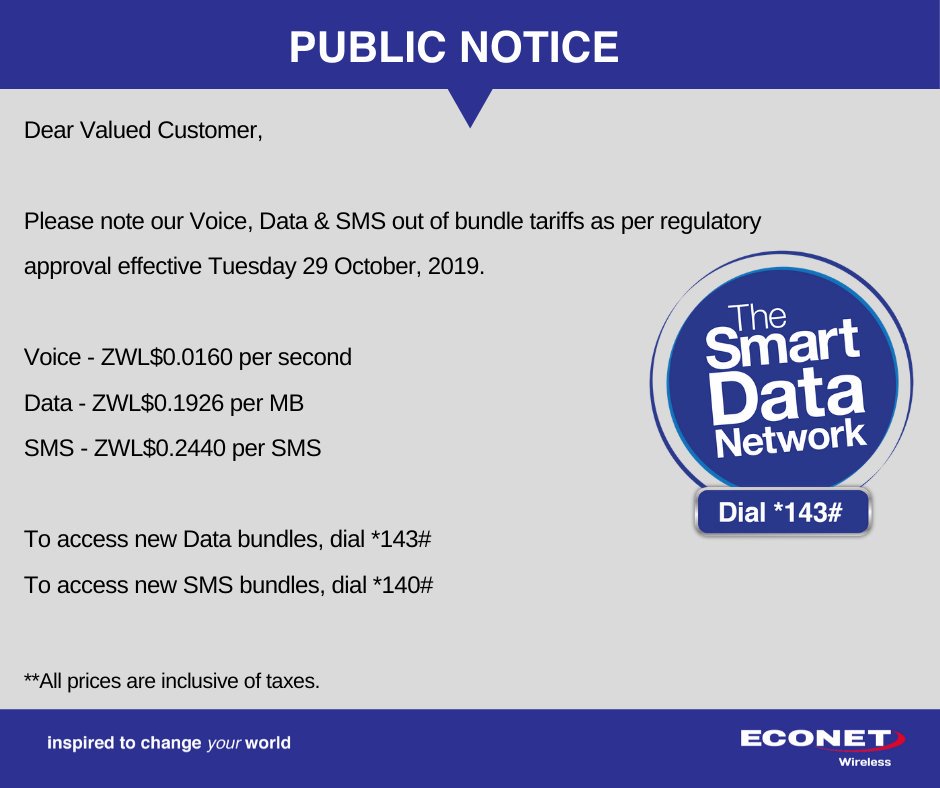 PUBLIC NOTICE - Voice, Data & SMS out of bundle tariffs as per regulatory approval, effective 29 October 2019.