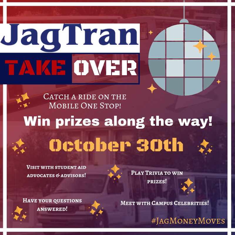 USA One Stop is taking over the JagTran this Wednesday, October 30th! 
Jags will have a chance to WIN FREE PRIZES and chat with USA celebs, coaches, advisors, etc. 

Be on the lookout for the JagTran Takeover! 

#SouthAlabama #USAOneStop #JagNation #JagMoneyMoves